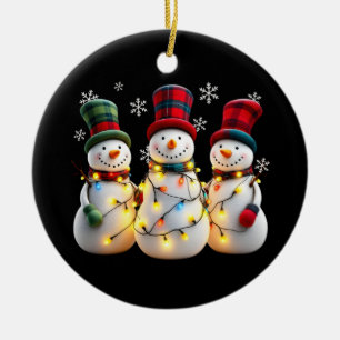 3 Three Snowmen Family Christmas With Xmas Lights  Ceramic Ornament