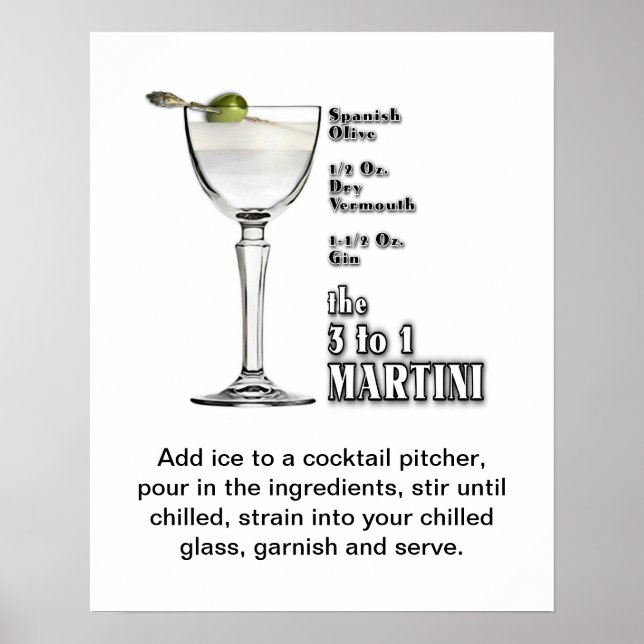 3 to 1 (Wet) Martini Cocktail Recipe Art 16"x20" Poster (Front)