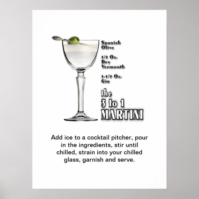 3 to 1 (Wet) Martini Cocktail Recipe Art 18"x24" Poster (Front)