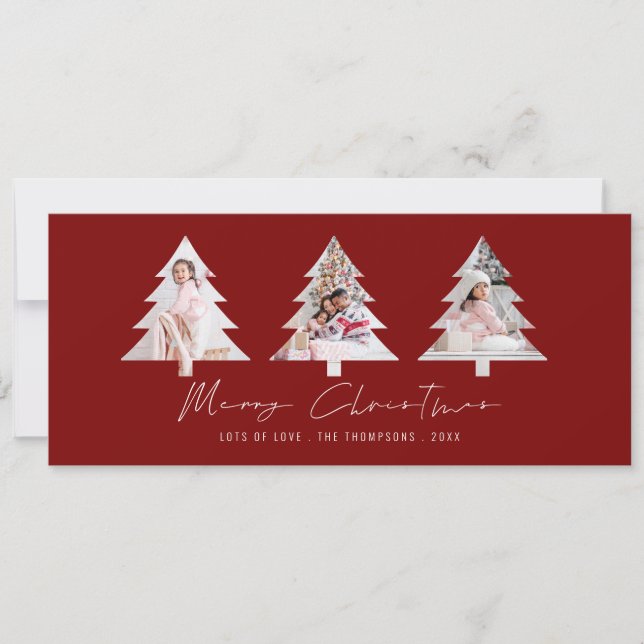 3 Tree Shape Photos Burgundy Merry Christmas Holiday Card (Front)