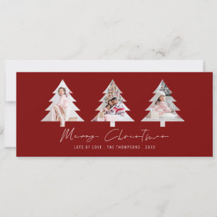 3 Tree Shape Photos Burgundy Merry Christmas Holiday Card