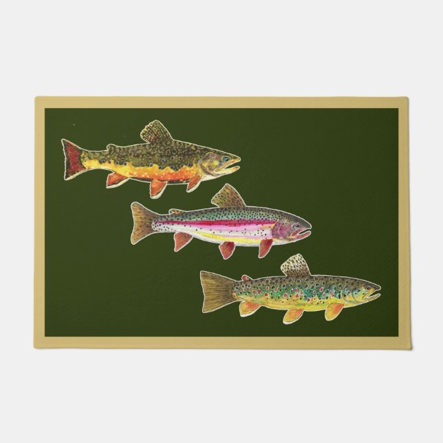 3 Trout Brook Rainbow Brown Fly Fishing Beautiful Doormat (Front)