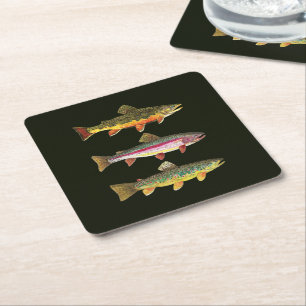 3 Trout for a Fisherman or Fisherwoman Square Paper Coaster