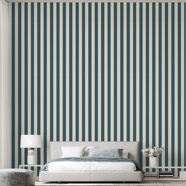 3" Vertical Stripe Earthy Dusty Blue & Ivory White Wallpaper (Bedroom)