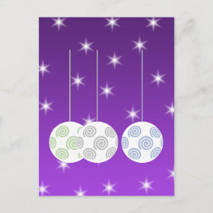 3 White Swirl Design Christmas Baubles. On Purple Holiday Postcard