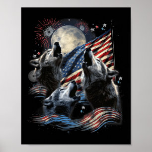 3 Wolf Moon 4th Of July American Flag Howling Amer Poster