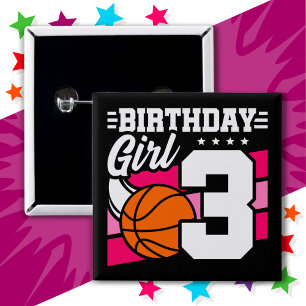 3 Year Old Basketball Party 3rd Birthday Girl 15 Cm Square Badge
