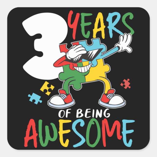 3 Year Old Birthday Boy Or Girl Autism Awareness Square Sticker (Front)