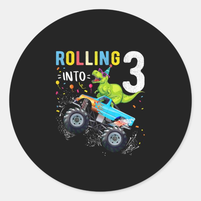 3 Year Old Birthday Dinosaur Monster Truck Family  Classic Round Sticker (Front)