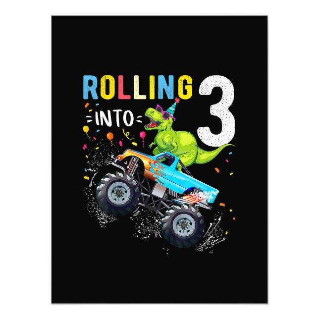 3 Year Old Birthday Dinosaur Monster Truck Family  Photo Print (Front)