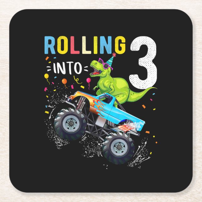 3 Year Old Birthday Dinosaur Monster Truck Family  Square Paper Coaster (Front)