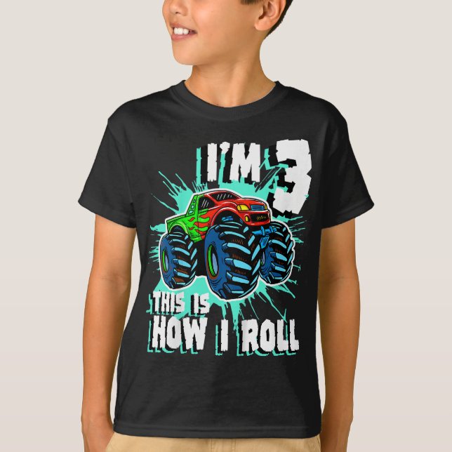 3 Year Old Boy Monster Truck Birthday Party 3rd Bo T-Shirt (Front)