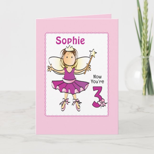 3 Year Old Cute Ballerina Cartoon Pink Birthday   Card (Front)