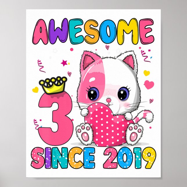 3 Years Old 3rd Birthday Girls Cute Cat Awesome Si Poster (Front)