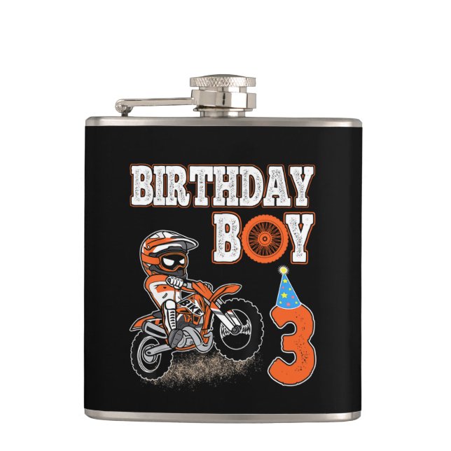 3 Years Old Kid - Birthday Boy - Dirt Bike - Motor Hip Flask (Front)