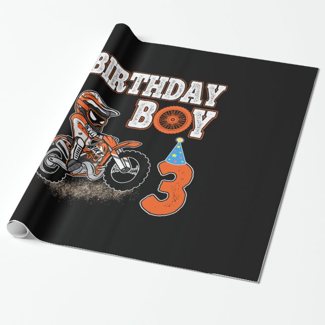 3 Years Old Kid - Birthday Boy - Dirt Bike - Motor Wrapping Paper (Unrolled)