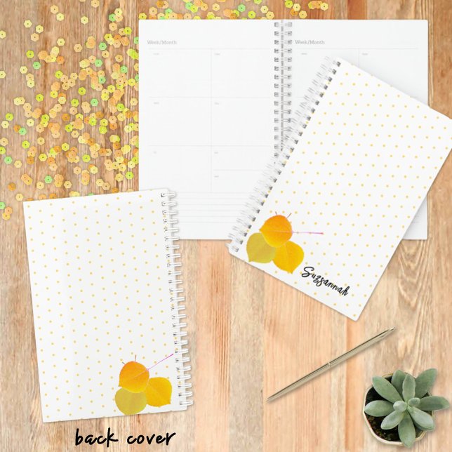 3 Yellow Aspens Leaves on Yellow Polka Dot Pattern Planner (Scheduling a lot? Here's a simple designed cover and planner ready for you fill. Maybe a gift idea.)