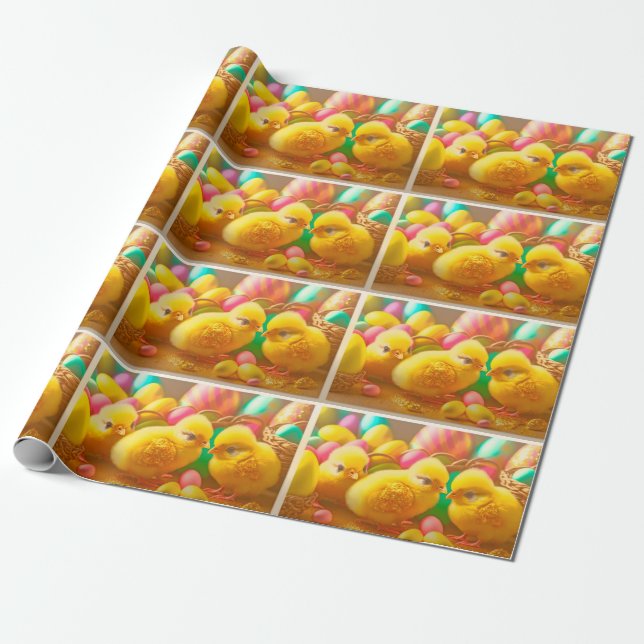 3 Yellow Little Easter Chicks Collection Wrapping Paper (Unrolled)