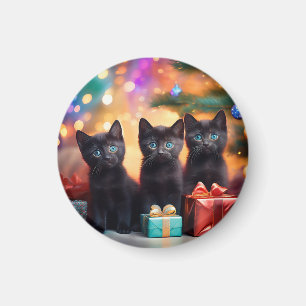 3 Young Blue Eyed Black Kittens Christmas Scene Magnet