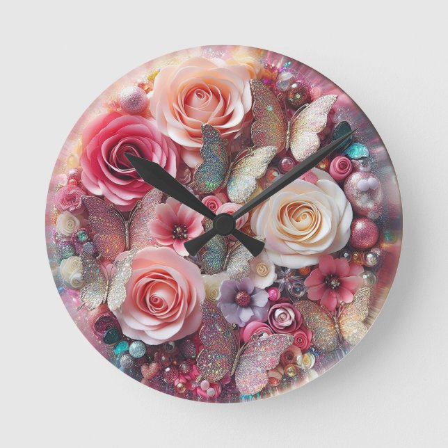 3D Abstract Glitter Roses & Butterflies Round Clock (Front)