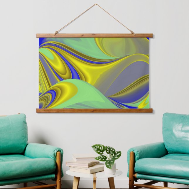 3D Abstract in Gold Yellow Blue Green Hanging Tapestry (Living Room)
