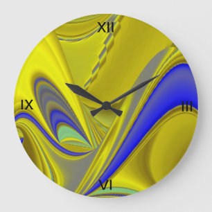 3D Abstract in Gold Yellow Blue Large Clock