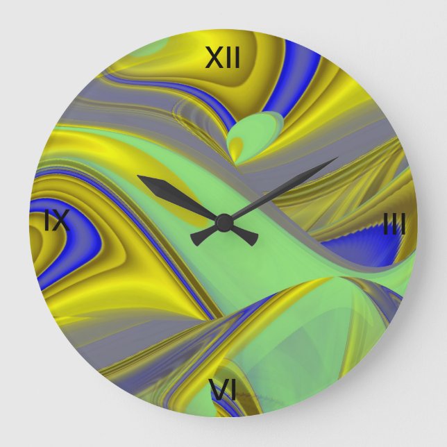 3D Abstract in Gold Yellow Blue Large Clock (Front)