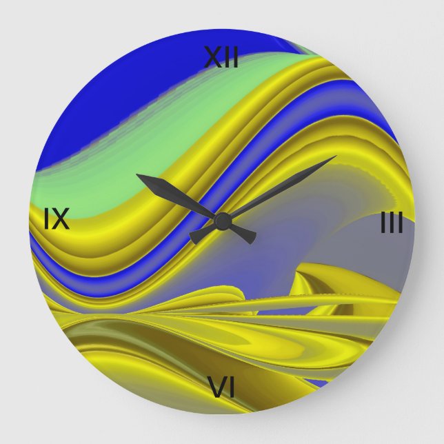 3D Abstract Rainbowart in Gold Yellow Blue Large Clock (Front)