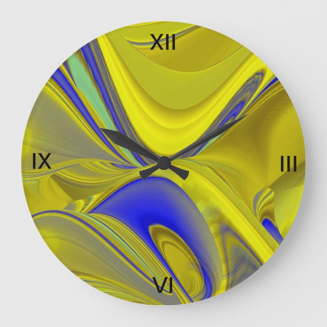 3D Abstract Rainbowart in Gold Yellow Blue Large Clock (Front)
