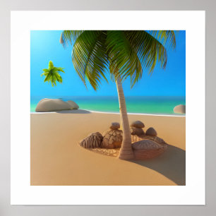 3D Beautiful sunset over a calm ocean & palm tree Poster