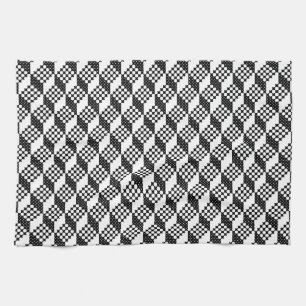 3D black and white cross-stitch cubes pattern Tea Towel