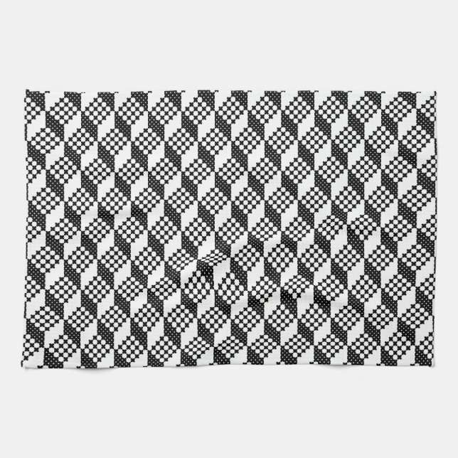 3D black and white cross-stitch cubes pattern Tea Towel (Horizontal)