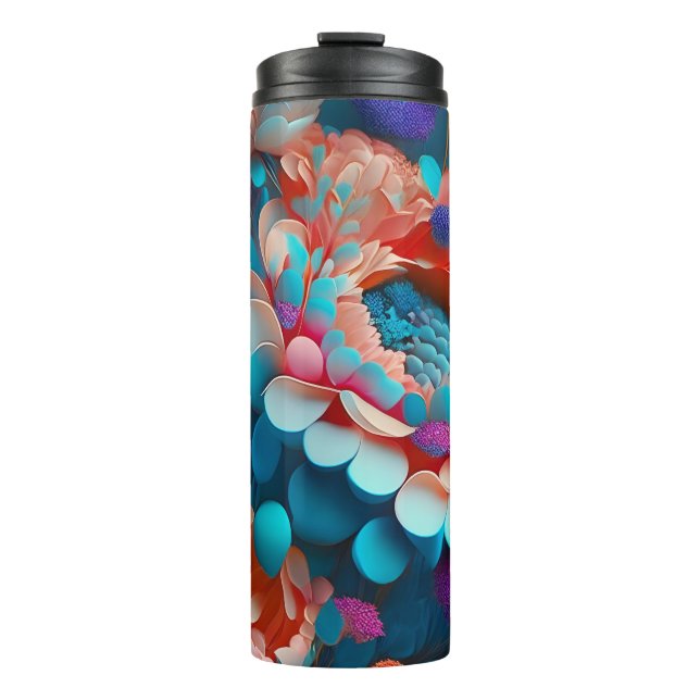 3D Blue and Orange Flowers Thermal Tumbler (Front)