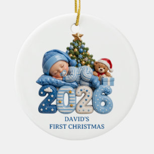 3D Blue Baby Boy First Christmas 2026 Custom Ceramic Ornament