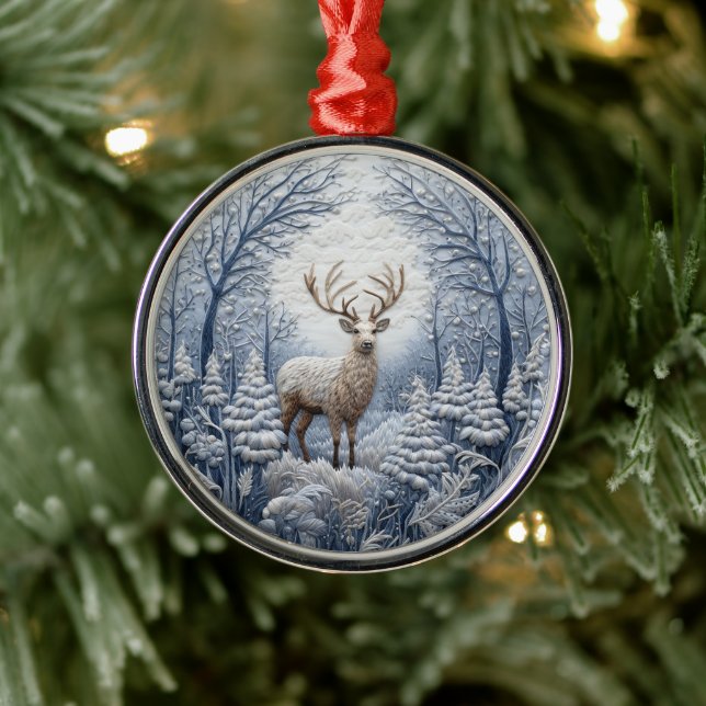 3D Blue Deer in Winter Wonderland Christmas Metal Ornament (Tree)