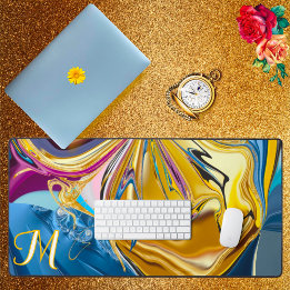 3D Blue Gold Stone Shape Monogram Liquid Abstract  Desk Mat