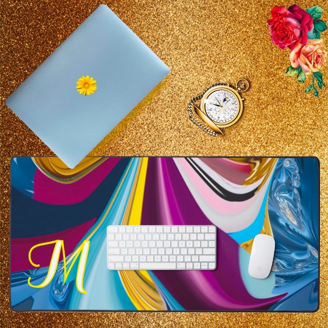 3D Blue Purple Gold Monogram Liquified Abstract  Desk Mat (Creator Uploaded)