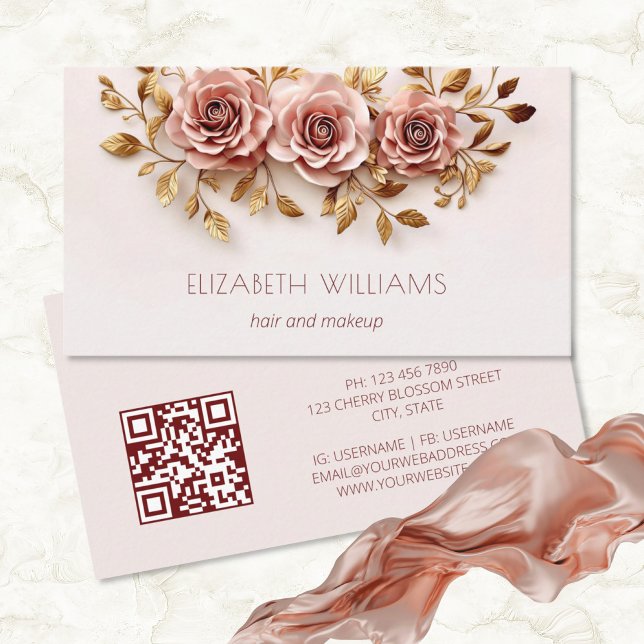 3D Blush Gold Roses | QR Code Business Card (Creator Uploaded)