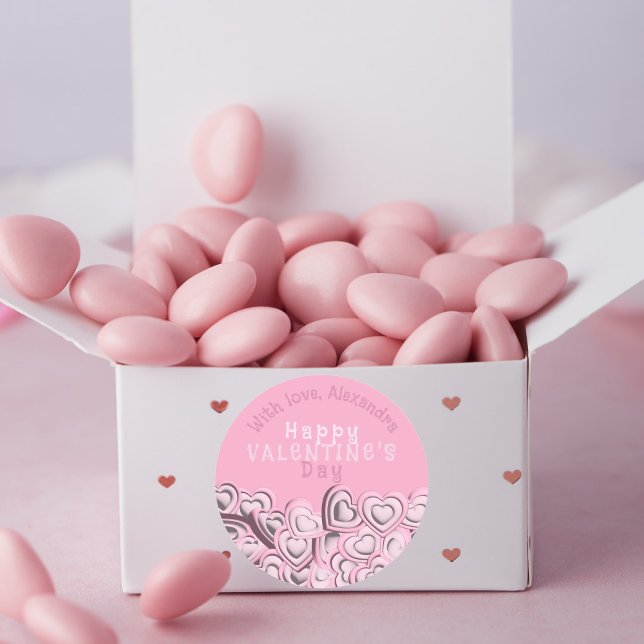 3D Blush Pink Hearts Happy Valentine's Day Classic Round Sticker (Creator Uploaded)