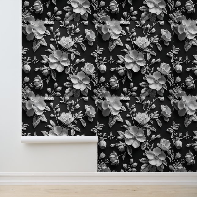 3D Botanical Art Black and White Floral Removable Wallpaper (Application)