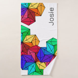 3D Bright Rainbow Cube Triangles on White Add Name Bath Towel