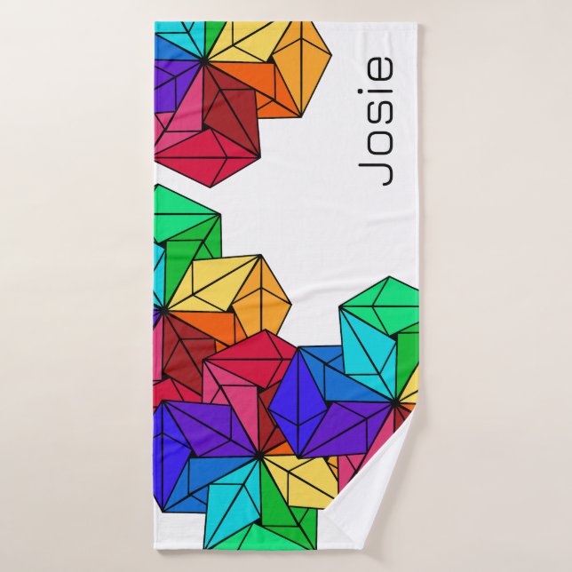 3D Bright Rainbow Cube Triangles on White Add Name Bath Towel (Bath Towel)