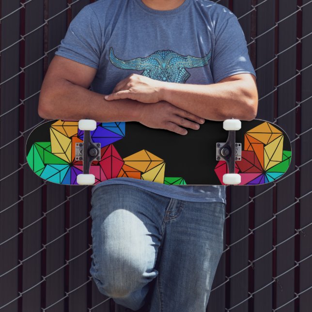 3D Bright Rainbow Random Cube Triangles on Black Skateboard (Outdoor 3)