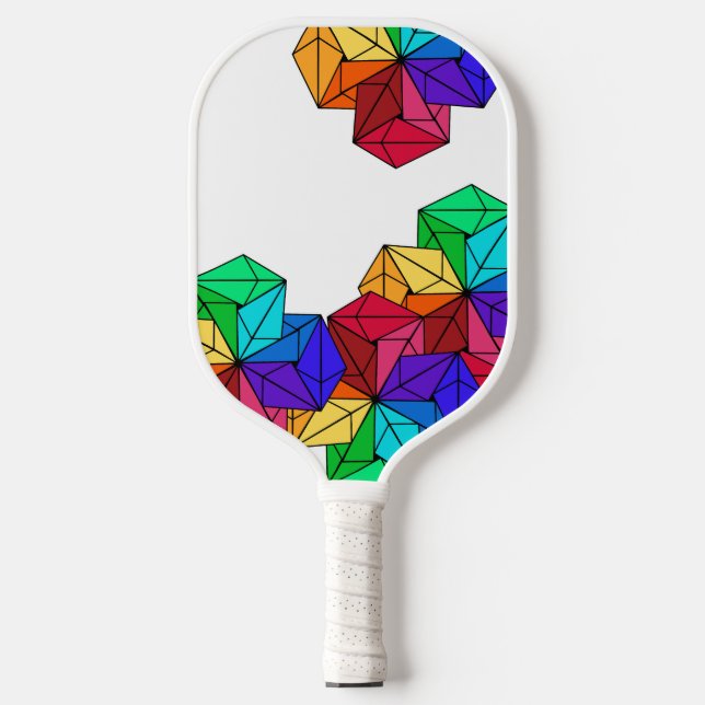 3D Bright Rainbow Random Cube Triangles on White Pickleball Paddle (Front)