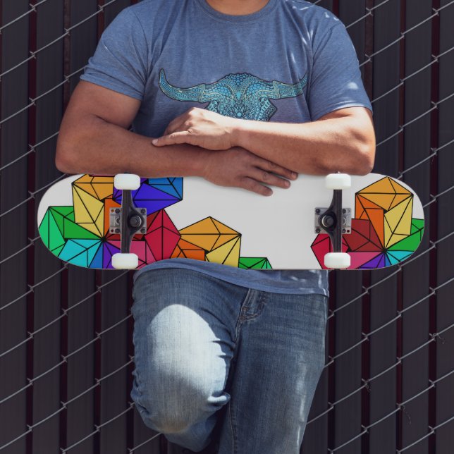 3D Bright Rainbow Random Cube Triangles on White Skateboard (Outdoor 3)