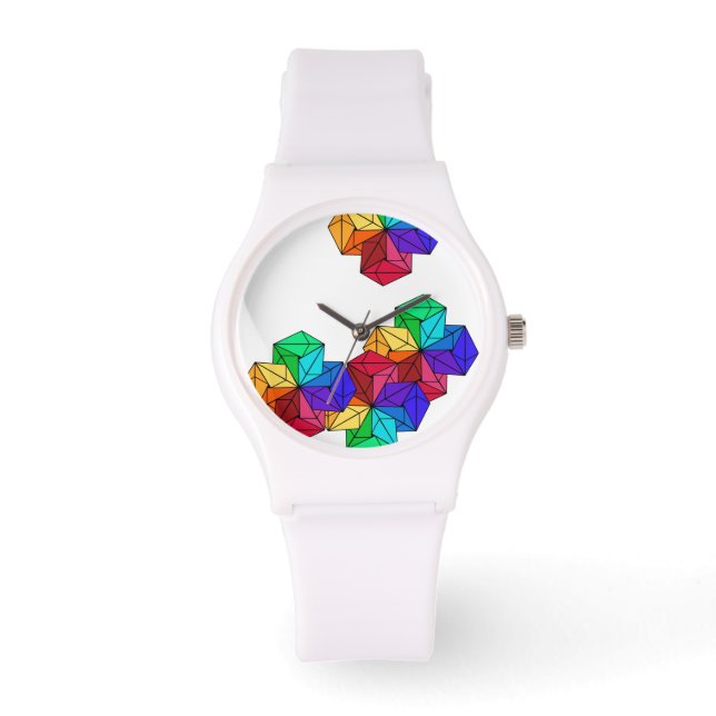 3D Bright Rainbow Random Cube Triangles on White Watch (Front)