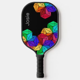 3D Bright Rainbow Random Cubes on Black Add Name Pickleball Paddle