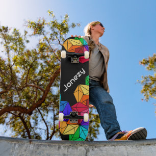 3D Bright Rainbow Random Cubes on Black Add Name Skateboard