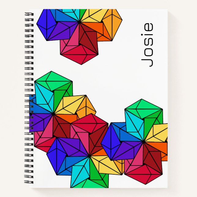 3D Bright Rainbow Random Cubes on White Add Name Notebook (Front)