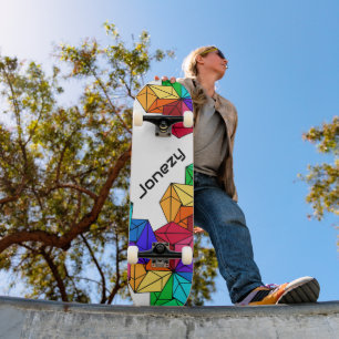 3D Bright Rainbow Random Cubes on White Add Name Skateboard